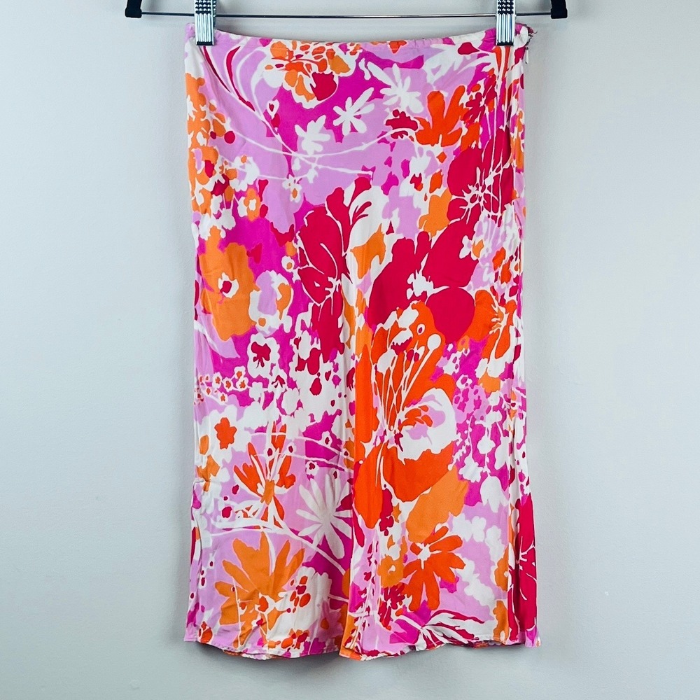 2/$30 Express Pink Orange Floral Satin Midi Skirt Small